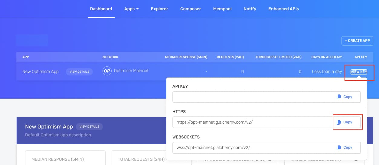 从 Alchemy 应用的 dashboard 上复制你的 Optimism RPC 端点的 URL